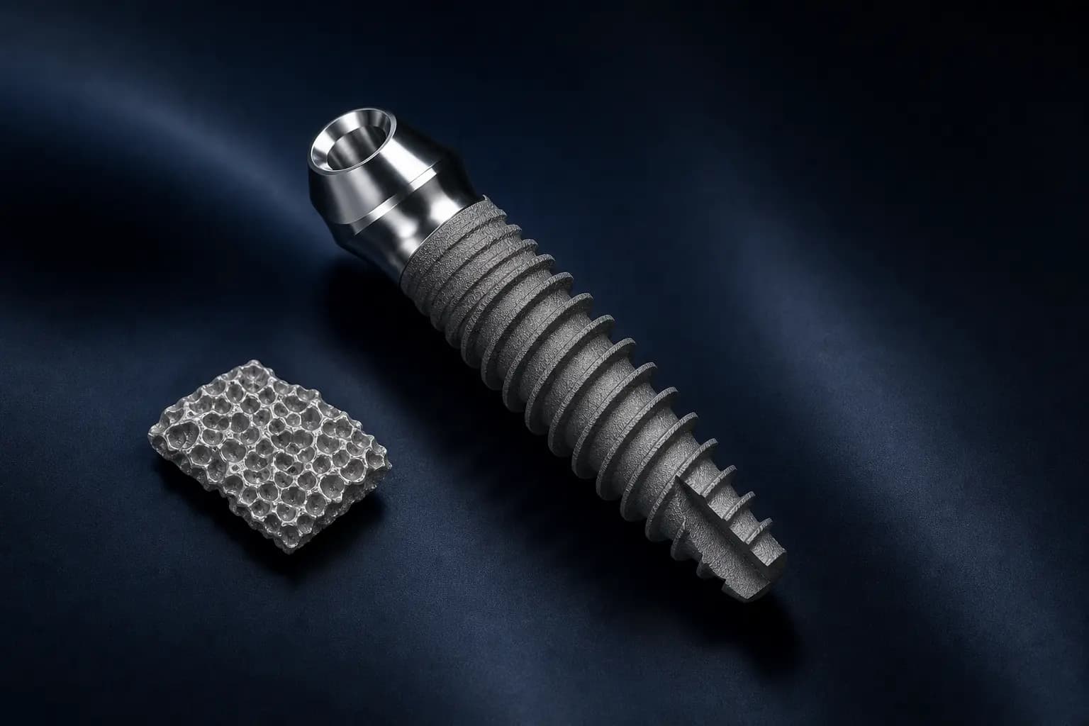 Straumann-style premium dental implant render on dark satin background